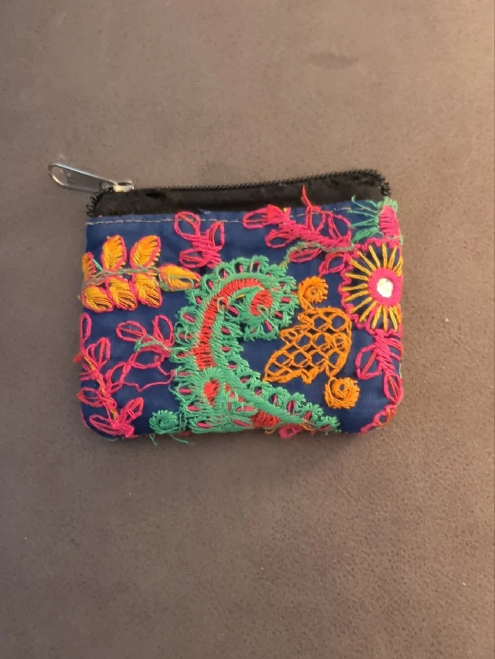 Embroidered Navy Floral Coin Pouch - Multicolor Stitching